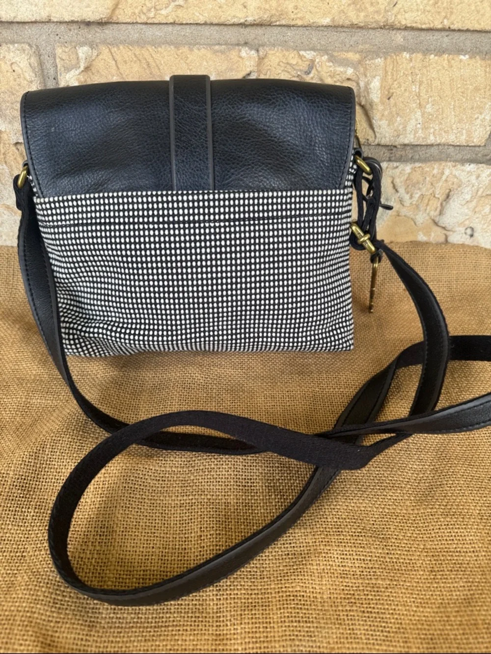 Fossil Black Leather Crossbody with Black & White Pattern NWOT